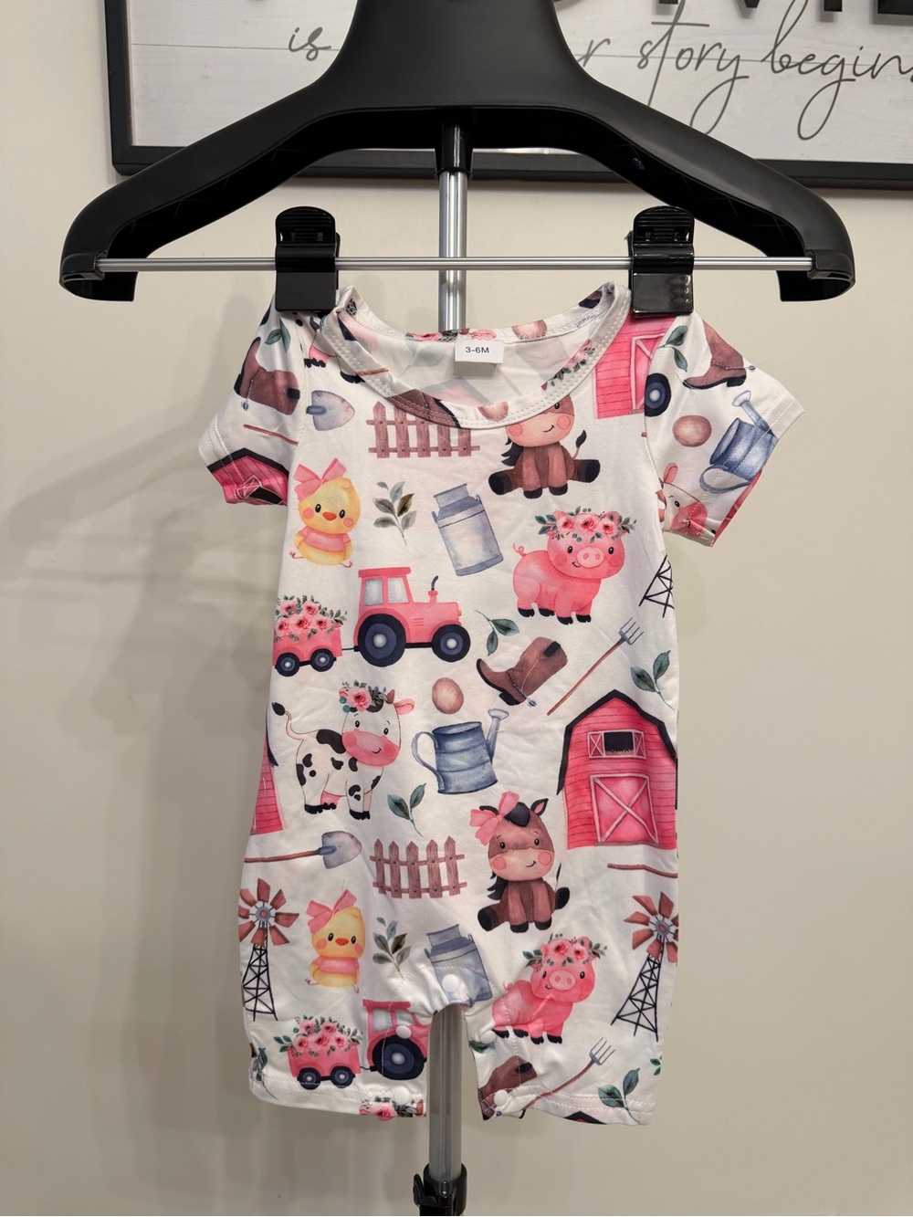 White Romper with Pink Farm Animal Prints